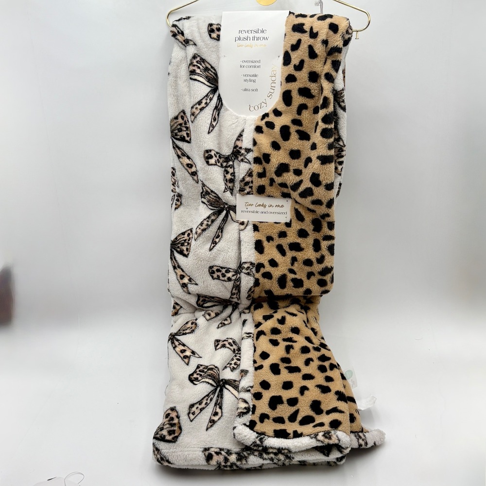 Cozy Sunday Reversible Plush Throw Blanket Leopard Print Bows Oversized Soft